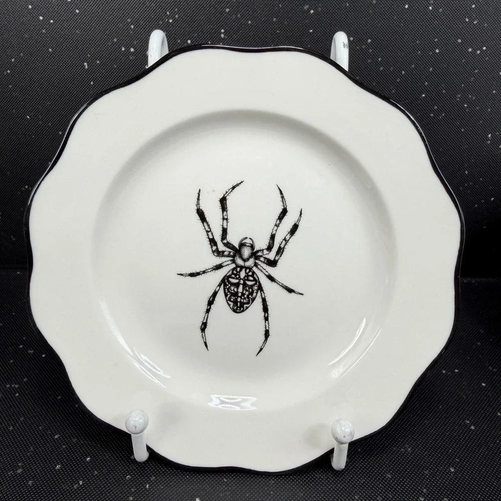 Sunday Morning Ceramics Spooky Soiree Skull Bat Crow Spider Plates Set of 4 NEW
